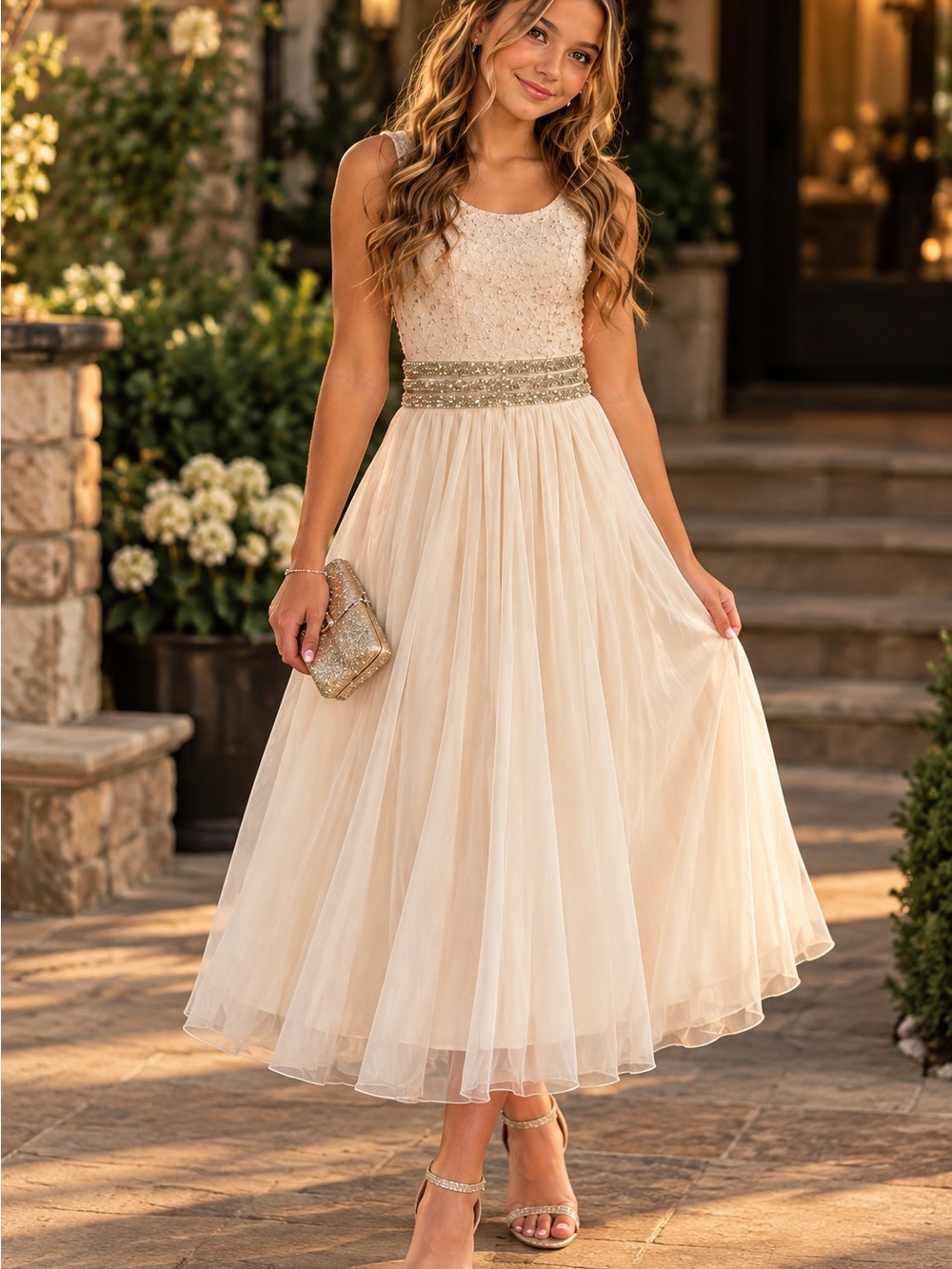 Speechless Champagne Tulle Formal Dress with Jeweled Waist
